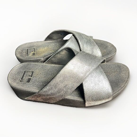 FitFlop Lulu Glitterball Cross Wedge Slides Sandals Silver Size 6 - Picture 1 of 6